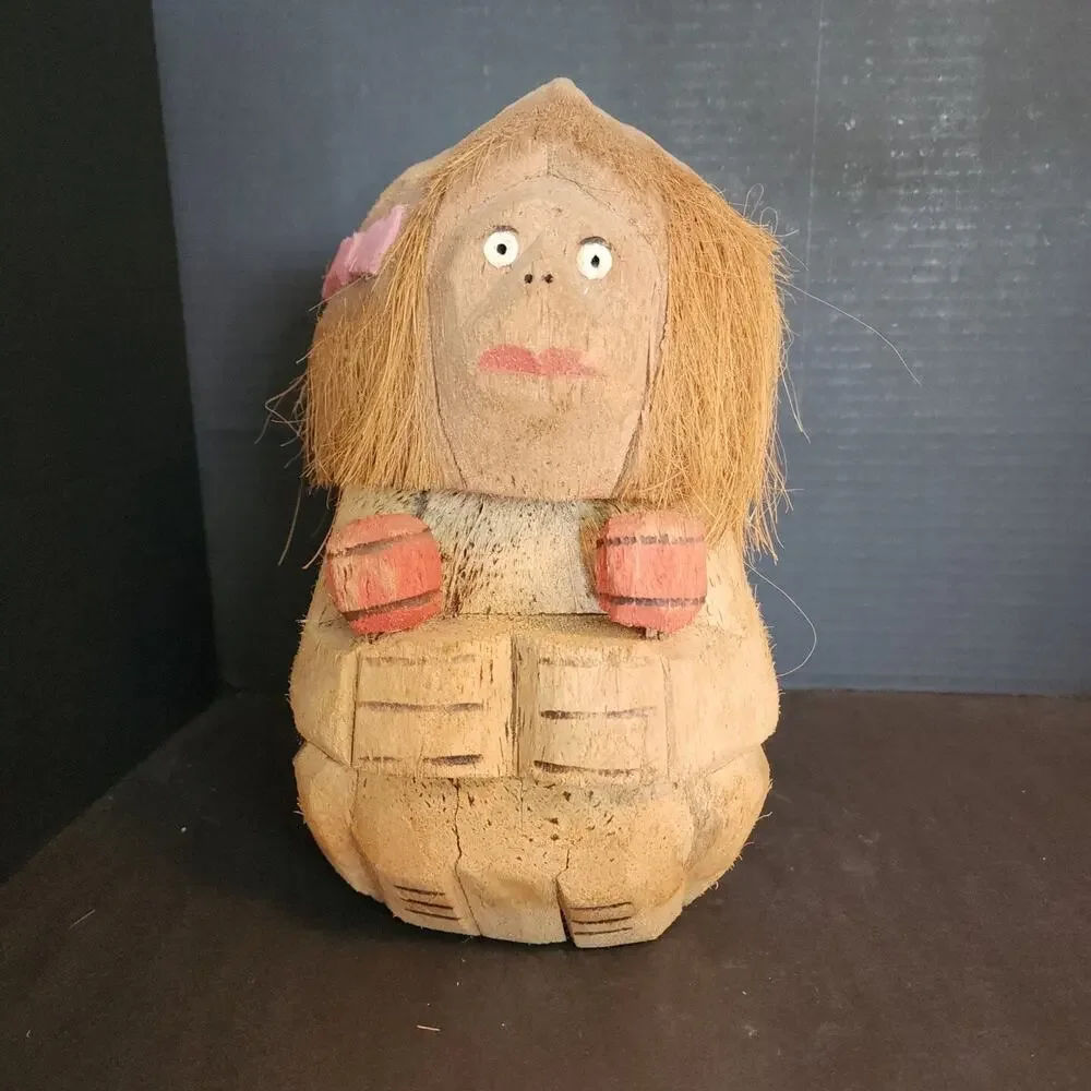 Vintage Carved Coconut, Figure Holding Maracas, Folk Art, Tiki Bar